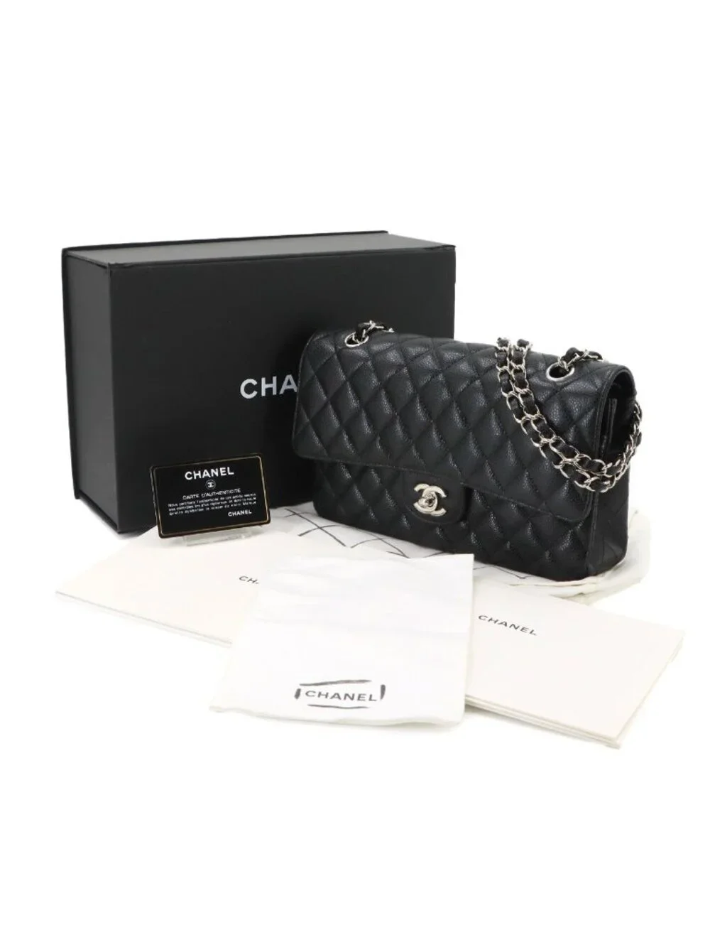 Chanel Quilted 25 Chain Shoulder Bag Caviar Leather Black Silver